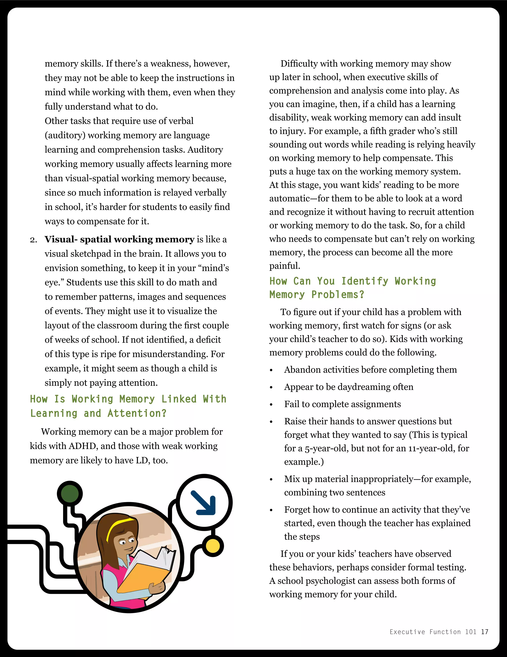 Executive Function 101 17
Difficulty with working memory may show
up later in school, when executive skills of
comprehension and analysis come into play. As
you can imagine, then, if a child has a learning
disability, weak working memory can add insult
to injury. For example, a fifth grader who’s still
sounding out words while reading is relying heavily
on working memory to help compensate. This
puts a huge tax on the working memory system.
At this stage, you want kids’ reading to be more
automatic—for them to be able to look at a word
and recognize it without having to recruit attention
or working memory to do the task. So, for a child
who needs to compensate but can’t rely on working
memory, the process can become all the more
painful.
How Can You Identify Working
Memory Problems?
To figure out if your child has a problem with
working memory, first watch for signs (or ask
your child’s teacher to do so). Kids with working
memory problems could do the following.
•	 Abandon activities before completing them
•	 Appear to be daydreaming often
•	 Fail to complete assignments
•	 Raise their hands to answer questions but
forget what they wanted to say (This is typical
for a 5-year-old, but not for an 11-year-old, for
example.)
•	 Mix up material inappropriately—for example,
combining two sentences
•	 Forget how to continue an activity that they’ve
started, even though the teacher has explained
the steps
If you or your kids’ teachers have observed
these behaviors, perhaps consider formal testing.
A school psychologist can assess both forms of
working memory for your child.
memory skills. If there’s a weakness, however,
they may not be able to keep the instructions in
mind while working with them, even when they
fully understand what to do.
Other tasks that require use of verbal
(auditory) working memory are language
learning and comprehension tasks. Auditory
working memory usually affects learning more
than visual-spatial working memory because,
since so much information is relayed verbally
in school, it’s harder for students to easily find
ways to compensate for it.
2.	 Visual- spatial working memory is like a
visual sketchpad in the brain. It allows you to
envision something, to keep it in your “mind’s
eye.” Students use this skill to do math and
to remember patterns, images and sequences
of events. They might use it to visualize the
layout of the classroom during the first couple
of weeks of school. If not identified, a deficit
of this type is ripe for misunderstanding. For
example, it might seem as though a child is
simply not paying attention.
How Is Working Memory Linked With
Learning and Attention?
Working memory can be a major problem for
kids with ADHD, and those with weak working
memory are likely to have LD, too.
 