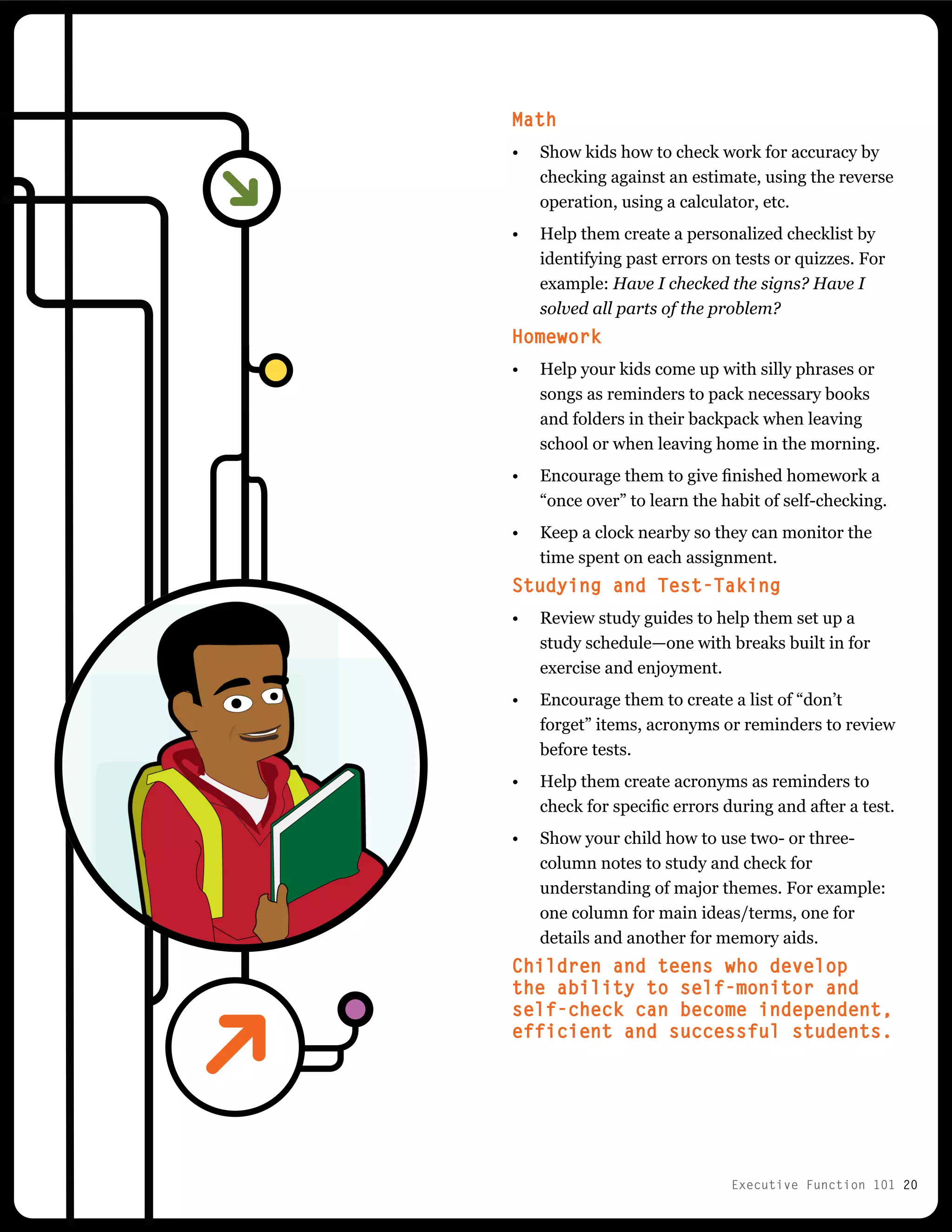 Executive Function 101 20
Math
•	 Show kids how to check work for accuracy by
checking against an estimate, using the reverse
operation, using a calculator, etc.
•	 Help them create a personalized checklist by
identifying past errors on tests or quizzes. For
example: Have I checked the signs? Have I
solved all parts of the problem?
Homework
•	 Help your kids come up with silly phrases or
songs as reminders to pack necessary books
and folders in their backpack when leaving
school or when leaving home in the morning.
•	 Encourage them to give finished homework a
“once over” to learn the habit of self-checking.
•	 Keep a clock nearby so they can monitor the
time spent on each assignment.
Studying and Test-Taking
•	 Review study guides to help them set up a
study schedule—one with breaks built in for
exercise and enjoyment.
•	 Encourage them to create a list of “don’t
forget” items, acronyms or reminders to review
before tests.
•	 Help them create acronyms as reminders to
check for specific errors during and after a test.
•	 Show your child how to use two- or three-
column notes to study and check for
understanding of major themes. For example:
one column for main ideas/terms, one for
details and another for memory aids.
Children and teens who develop
the ability to self-monitor and
self-check can become independent,
efficient and successful students.
 