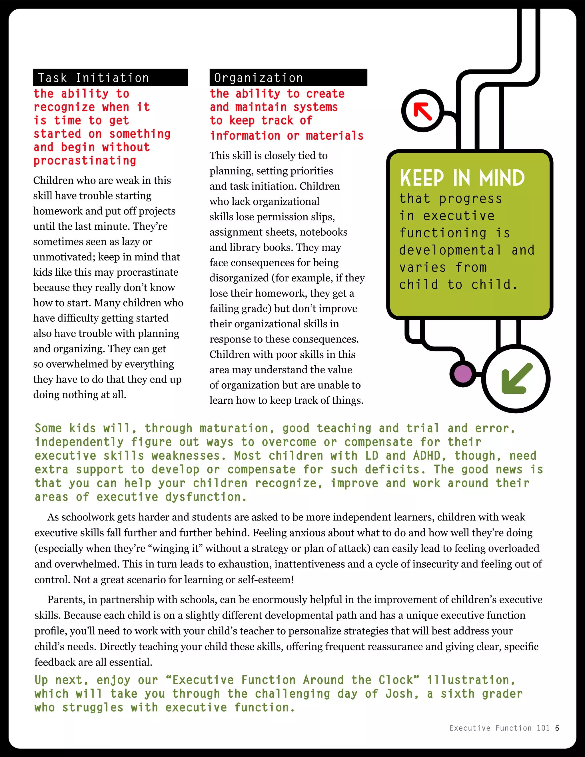 Executive Function 101 6
Organization
the ability to create
and maintain systems
to keep track of
information or materials
This skill is closely tied to
planning, setting priorities
and task initiation. Children
who lack organizational
skills lose permission slips,
assignment sheets, notebooks
and library books. They may
face consequences for being
disorganized (for example, if they
lose their homework, they get a
failing grade) but don’t improve
their organizational skills in
response to these consequences.
Children with poor skills in this
area may understand the value
of organization but are unable to
learn how to keep track of things.
Task Initiation
the ability to
recognize when it
is time to get
started on something
and begin without
procrastinating
Children who are weak in this
skill have trouble starting
homework and put off projects
until the last minute. They’re
sometimes seen as lazy or
unmotivated; keep in mind that
kids like this may procrastinate
because they really don’t know
how to start. Many children who
have difficulty getting started
also have trouble with planning
and organizing. They can get
so overwhelmed by everything
they have to do that they end up
doing nothing at all.
Some kids will, through maturation, good teaching and trial and error,
independently figure out ways to overcome or compensate for their
executive skills weaknesses. Most children with LD and ADHD, though, need
extra support to develop or compensate for such deficits. The good news is
that you can help your children recognize, improve and work around their
areas of executive dysfunction.
As schoolwork gets harder and students are asked to be more independent learners, children with weak
executive skills fall further and further behind. Feeling anxious about what to do and how well they’re doing
(especially when they’re “winging it” without a strategy or plan of attack) can easily lead to feeling overloaded
and overwhelmed. This in turn leads to exhaustion, inattentiveness and a cycle of insecurity and feeling out of
control. Not a great scenario for learning or self-esteem!
Parents, in partnership with schools, can be enormously helpful in the improvement of children’s executive
skills. Because each child is on a slightly different developmental path and has a unique executive function
profile, you’ll need to work with your child’s teacher to personalize strategies that will best address your
child’s needs. Directly teaching your child these skills, offering frequent reassurance and giving clear, specific
feedback are all essential.
Up next, enjoy our “Executive Function Around the Clock” illustration,
which will take you through the challenging day of Josh, a sixth grader
who struggles with executive function.
Keep in mind
that progress
in executive
functioning is
developmental and
varies from
child to child.
 