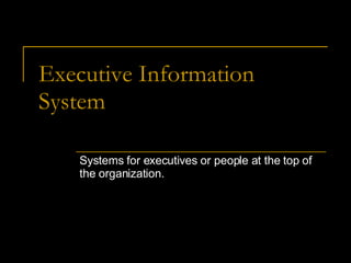 Executive Information System Systems for executives or people at the top of the organization. 