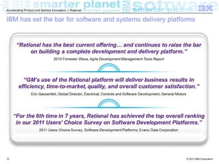 Accelerating Product and Service Innovation | Rational


IBM has set the bar for software and systems delivery platforms




10                                                          © 2012 IBM Corporation
 