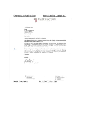 SPONSORSHIP LETTER TO SPONSORSHIP LETTER TO
BARKERY OVEN BLINK PETS BAKERY
 