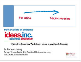 Executive Summary Workshop - Ideas, Innovation & Purpose

Dr	
  Bernard	
  Leong
Partner,	
  Thymos	
  Capital	
  &	
  Co-­‐Founder,	
  SGEntrepreneurs.com
h=p://www.bernardleong.com


                                                                             1
 