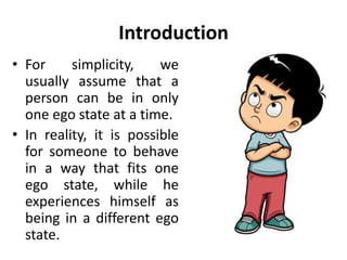 Introduction
• For simplicity, we
usually assume that a
person can be in only
one ego state at a time.
• In reality, it is possible
for someone to behave
in a way that fits one
ego state, while he
experiences himself as
being in a different ego
state.
 