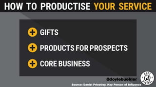 Productise your Services
• Gifts
• Products for prospects
• Core Business
@doylebuehler
Source: Daniel Priestley, Key Person of Influence
 