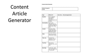 Content
Article
Generator
Content Article Generator
Article Concept &
Focus
Type What Is It? Your Turn… (Your text goes here!)
Headline Get my attention.
Use Headline
Generator
www.aminstitute.com/
headline
Sub-Headline Sell it to me.
How will it solve my
problems and get me
what I want, without
pain?
Context What am I doing
wrong? Why aren’t I
getting what I want?
Paint me a picture
Value Give me a quick fix.
Bullet points, please.
Yeah, but... Overcome my
objections. Prove it
will work for me.
The Point Sum it all up.
Reinforce I do x I will
get y
Next Step I want more - what
can I do? What’s next
in the journey?
 