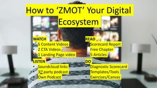 How to ‘ZMOT’ Your Digital
Ecosystem
WATCH
• 5 Content Videos
• 2 CTA Videos
• 1 Landing Page video
READ
• Scorecard Report
• Free Chapter
• 5 Articles
LISTEN
• Soundcloud links
• 3rd party podcast
• Own Podcast
DO
• Diagnostic Scorecard
• Templates/Tools
• Exercises/Canvas
 
