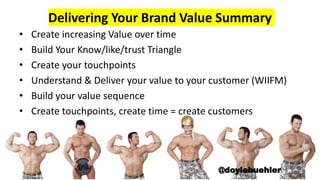 Delivering Your Brand Value Summary
• Create increasing Value over time
• Build Your Know/like/trust Triangle
• Create your touchpoints
• Understand & Deliver your value to your customer (WIIFM)
• Build your value sequence
• Create touchpoints, create time = create customers
@doylebuehler
 