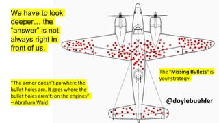 The “Missing Bullets” is
your strategy.
“The armor doesn’t go where the
bullet holes are. It goes where the
bullet holes aren’t: on the engines”
– Abraham Wald
We have to look
deeper… the
“answer” is not
always right in
front of us.
@doylebuehler
 