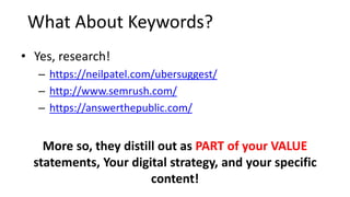 What About Keywords?
• Yes, research!
– https://neilpatel.com/ubersuggest/
– http://www.semrush.com/
– https://answerthepublic.com/
More so, they distill out as PART of your VALUE
statements, Your digital strategy, and your specific
content!
 