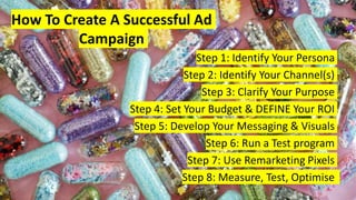 How To Create A Successful Ad
Campaign
Step 1: Identify Your Persona
Step 2: Identify Your Channel(s)
Step 3: Clarify Your Purpose
Step 4: Set Your Budget & DEFINE Your ROI
Step 5: Develop Your Messaging & Visuals
Step 6: Run a Test program
Step 7: Use Remarketing Pixels
Step 8: Measure, Test, Optimise
 