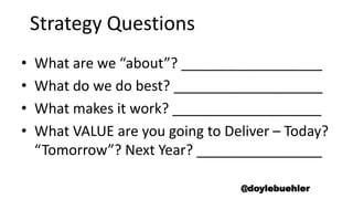 Strategy Questions
• What are we “about”? __________________
• What do we do best? ___________________
• What makes it work? ___________________
• What VALUE are you going to Deliver – Today?
“Tomorrow”? Next Year? ________________
@doylebuehler
 