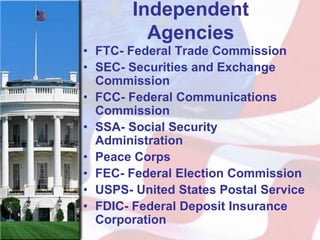Independent
          Agencies
• FTC- Federal Trade Commission
• SEC- Securities and Exchange
  Commission
• FCC- Federal Communications
  Commission
• SSA- Social Security
  Administration
• Peace Corps
• FEC- Federal Election Commission
• USPS- United States Postal Service
• FDIC- Federal Deposit Insurance
  Corporation
 