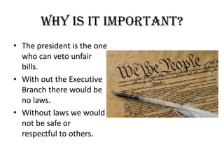 Why is it important?The president is the one who can veto unfair bills.With out the Executive Branch there would be no laws.Without laws we would not be safe or respectful to others.