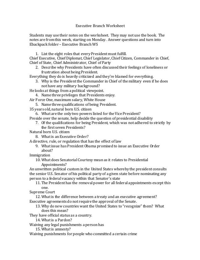 Executive branch worksheet