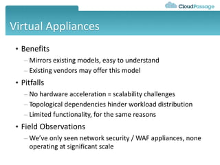 Virtual Appliances
• Benefits
– Mirrors existing models, easy to understand
– Existing vendors may offer this model
• Pitfalls
– No hardware acceleration = scalability challenges
– Topological dependencies hinder workload distribution
– Limited functionality, for the same reasons
• Field Observations
– We’ve only seen network security / WAF appliances, none
operating at significant scale
 