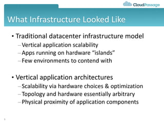 What Infrastructure Looked Like
• Traditional datacenter infrastructure model
–Vertical application scalability
–Apps running on hardware “islands”
–Few environments to contend with
• Vertical application architectures
–Scalability via hardware choices & optimization
–Topology and hardware essentially arbitrary
–Physical proximity of application components
9
 
