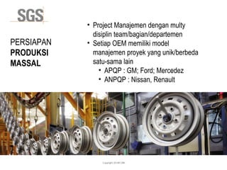 Copyright 2014© DWI
PERSIAPAN
PRODUKSI
MASSAL
• Project Manajemen dengan multy
disiplin team/bagian/departemen
• Setiap OEM memiliki model
manajemen proyek yang unik/berbeda
satu-sama lain
• APQP : GM; Ford; Mercedez
• ANPQP : Nissan, Renault
 