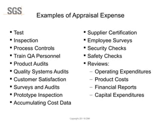 Copyright 2011 © DWI
 Supplier Certification
 Employee Surveys
 Security Checks
 Safety Checks
 Reviews:
– Operating Expenditures
– Product Costs
– Financial Reports
– Capital Expenditures
Examples of Appraisal Expense
 Test
 Inspection
 Process Controls
 Train QA Personnel
 Product Audits
 Quality Systems Audits
 Customer Satisfaction
 Surveys and Audits
 Prototype Inspection
 Accumulating Cost Data
 