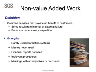 Copyright 2014 © DWI
Non-value Added Work
• Common activities that provide no benefit to customers.
– Some result from internal or external failure
– Some are unnecessary inspection
 Examples
– Rarely used information systems
– Memos never read
– Financial reports not used
– Irrelevant procedures
– Meetings with no objectives or outcomes
Definition
 