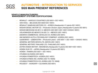 Copyright 2011 © DWI
VEHICLE MANUFACTURERS:
MANAGEMENT SYSTEMS CERTIFICATIONS:
– RENAULT –VARIOUS COUNTRIES (ISO 9001+ ISO 14001)
– VAN HOOL – BELGIUM (ISO 9000+ISO 14001)
– RENAULT SAMSUNG MOTORS CO. –KOREA (Headquarter+11 plants-ISO 14001)
– NISSAN DIESEL MOTOR CO. –Production Division-Japan (Headquarter+2 plants-ISO 9001)
– NISSAN MEXICANA SA DE C.V.-MEXICO (ISO 9001+ISO 14001+OHSAS 18001)
– VOLKSWAGEN DE MEXICO SA DE C.V. –MEXICO (ISO 14001)
– DAEWOO COMMERCIAL VEHICLES CO.-KOREA (ISO 9001)
– GM DAEWOO AUTO & TECHNOLOGY COMPANY –KOREA (ISO 14001)
– UzDAEWOO – UZBEKISTAN – (Production plant) - (ISO 9001 + ISO 14001 + OHSAS 18001)
– GENERAL MOTORS KENYA LTD.-KENYA (ISO 14001)
– GENERAL MOTORS THAILAND LTD.-THAILAND (ISO 14001)
– ASTRA HONDA MOTOR –INDONESIA (Headquarter+3 plants-ISO 9001+ISO 14001)
– HONDA SUN CO. –JAPAN (Headquarter+10 plants-ISO 9001)
– HONDA –TAIWAN (ISO 9001 + ISO 14001)
– HYUNDAI-SLOVAKIA (ISO 9001)
– HYUNDAI POWERTECH –KOREA (ISO 14001)
– HYUNDAI DYMOS INC.-KOREA (ISO TS 16949)
– HYUNDAI POWERTECH CO.-KOREA (ISO TS 16949)
– PEUGEOT –HUNGARY + SLOVAKIA (ISO 9001)
AUTOMOTIVE : INTRODUCTION TO SERVICES
SGS MAIN PRESENT REFERENCES
 