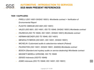 Copyright 2011 © DWI
TIER 1 SUPPLIERS:
– PIRELLI (ISO 14001-OHSAS 18001)- Worldwide contract + Verification of
Environmental Report
– PLASTIC OMNIUM (ISO 9001,ISO 14001)
– VALEO (ISO 9001, ISO 14001, ISO TS 16949, OHSAS 18001)-Worldwide contract
– FAURECIA (ISO TS 16949, ISO 14001, OHSAS 18001)-Worldwide contract
– HERMAN BECKER (ISO TS 16949, ISO 14001)
– MENZOLIT-FIBRON (ISO 9001, ISO 14001, OHSAS 18001)
– MICHELIN: Customized audits to sales/service network (Poland)
– PILKINGTON (ISO 14001, OHSAS 18001, SA8000)-Worldwide contract
– BOSCH (Standard and mystery audits on service dealership)-Worldwide contract
– MAGNETI MARELLI (ERGOM): ISO TS 16949
– DENSO Indonesia (ISO/TS 16949)
– ASMO indonesia (ISO.TS 16949; ISO 14001; ISO 18001)
AUTOMOTIVE : INTRODUCTION TO SERVICES
SGS MAIN PRESENT REFERENCES
 