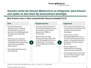 Animoto nutzte die Amazon Webservices so erfolgreich, dass Amazon
  sich später an dem Start-Up-Unternehmen beteiligte
  Best Practice Case 4: Stark schwankender Ressourcenbedarf [2/2]

  Ziele                                                     Vorgehensweise                             Ergebnisse
• Schnelle Erweiterung                                   • Animoto arbeitete bereits mit              • Animoto konnte die Ressourcen
  der Ressourcen: Innerhalb                                dem Anbieter RightScale daran,               in kurzer Zeit hochskalieren und
  kürzester Zeit musste eine                               die Anwendung zu Amazon                      damit den Nutzeransturm
  Lösung für die Bewältigung des                           Webservices (AWS) zu                         bewältigen
  Nutzeransturms gefunden                                  transferieren
                                                                                                      • Dies konnte zu einem
  werden
                                                         • Während des drei Tage                        kostengünstigen Preis von ca.
• Flexible Ressourcenbereit-                               andauernden Nutzungshochs                    10 Cents pro Stunde pro Server
  stellung: Ein nach dem Start                             (750.000 Zugriffe) konnte die                sowie zu marginalen Kosten für
  rückläufiges Nutzungsvolumen
  sollte auch zu geringeren
                                                  >        Anwendung in die Amazon
                                                           Cloud Umgebung transferiert
                                                                                                  >     Bandweite und Speicherplatz
                                                                                                        geschehen
  Kosten führen                                            werden
                                                                                                      • Als das abgerufene
                                                                                                        Datenvolumen zurückging,
• Kostengünstige Ressourcen-
  bereitstellung                                                                                        sanken die Nutzungskosten
                                                                                                      • Anmerkung: Amazon entschied
                                                                                                        sich einen Monat später in den
                                                                                                        Dienst zu investieren




  Quellen: Vgl. Cloud Computing. Web-Based Dynamic IT Services. I nytimes.com I Anbieterwebsite

  K+R Executive Briefing Cloud Computing                                                                                                   19
 
