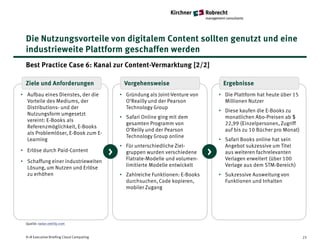 Die Nutzungsvorteile von digitalem Content sollten genutzt und eine
  industrieweite Plattform geschaffen werden
  Best Practice Case 6: Kanal zur Content-Vermarktung [2/2]

  Ziele und Anforderungen                       Vorgehensweise                         Ergebnisse
• Aufbau eines Dienstes, der die               • Gründung als Joint-Venture von       • Die Plattform hat heute über 15
  Vorteile des Mediums, der                      O‘Reailly und der Pearson              Millionen Nutzer
  Distributions- und der                         Technology Group
                                                                                      • Diese kaufen die E-Books zu
  Nutzungsform umgesetzt
                                               • Safari Online ging mit dem             monatlichen Abo-Preisen ab $
  vereint: E-Books als
                                                 gesamten Programm von                  22,99 (Einzelpersonen, Zugriff
  Referenzmöglichkeit, E-Books
                                                 O‘Reilly und der Pearson               auf bis zu 10 Bücher pro Monat)
  als Problemlöser, E-Book zum E-
                                                 Technology Group online
  Learning                                                                            • Safari Books online hat sein
                                               • Für unterschiedliche Ziel-             Angebot sukzessive um Titel
• Erlöse durch Paid-Content
                                           >     gruppen wurden verschiedene
                                                 Flatrate-Modelle und volumen-
                                                                                  >     aus weiteren fachrelevanten
                                                                                        Verlagen erweitert (über 100
• Schaffung einer industrieweiten
                                                 limitierte Modelle entwickelt          Verlage aus dem STM-Bereich)
  Lösung, um Nutzen und Erlöse
  zu erhöhen                                   • Zahlreiche Funktionen: E-Books       • Sukzessive Ausweitung von
                                                 durchsuchen, Code kopieren,            Funktionen und Inhalten
                                                 mobiler Zugang




  Quelle: radar.oreilly.com


  K+R Executive Briefing Cloud Computing                                                                                  23
 