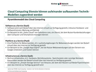 Cloud Computing Dienste können aufeinander aufbauenden Technik-
  Modellen zugeordnet werden
  Pyramidenmodell des Cloud Computing

Software as a Service (SaaS)
• Software wird nach Bedarf über das Internet virtuell zur Verfügung gestellt, inklusive Hardware- und
  Softwarelizenzen, Wartung und Betrieb
• Ein Beispiel ist die „Sales Cloud“ von Salesforce.com, ein Dienst, bei dem Nutzer Kundenbeziehungen
  über Computer und Smartphone managen können


Plattform as a Service (PaaS)
• Eine Plattform für Webentwickler, d.h. Laufzeitumgebungen für Webanwendungen werden bei Bedarf
  virtuell über das Internet zur Verfügung gestellt
• Ein Beispiel ist die „Google App Engine“, bei der Nutzer Webanwendungen auf den Servern von
  Google entwickeln und hosten können


Infrastructure as a Service (IaaS):
• Rechnerinfrastruktur, d.h. Hardware, Betriebssysteme , Speicherplatz oder sonstige Netzwerk-
   Kapazitäten werden bei Bedarf virtuell über das Internet zur Verfügung gestellt
• Ein Beispiel ist „Simple Storage Service“ von Amazon, bei dem den Nutzern auf Bedarf Speicherplatz
   über das Internet zur Verfügung gestellt wird

  Quelle: Vgl. BITKOM: Cloud Computing – Evolution in der Technik, Revolution im Business

  K+R Executive Briefing Cloud Computing                                                                 27
 