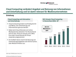 Cloud Computing verändert Angebot und Nutzung von Informationen
und Unterhaltung und ist damit relevant für Medienunternehmen
Einleitung

    Cloud Computing und Information              B2C-Umsatz Cloud Computing
    und Unterhaltung                             in Deutschland [Mrd. €]2
  • Cloud Computing ändert nachhaltig die Art
    und Weise, wie Unterhaltung und
    Informationen genutzt werden                   Ø 31%                            6,4
                                                 Wachstum /
  • Dabei wird Cloud-Diensten ein hohes             Jahr                      5,1
    Marktpotential attestiert: Für Deutschland
    wird im Jahr 2016 ein Umsatz von 6 Mrd.                           3,9
    Euro über Cloud-Dienste für Privat-                         3,2
    anwender prognostiziert                               2,3
                                                    1,7
  • Ein Großteil davon macht die Nutzung von
    Unterhaltungsangeboten wie Online-Games
    oder Medieninhalten aus
                                                   2011 2012 2013 2014 2015 2016



Quelle: Vgl. BITKOM/Experton Group 2012


K+R Executive Briefing Cloud Computing                                                    9
 