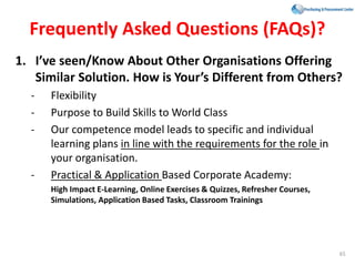 Frequently Asked Questions (FAQs)?
1. I’ve seen/Know About Other Organisations Offering
Similar Solution. How is Your’s Different from Others?
- Flexibility
- Purpose to Build Skills to World Class
- Our competence model leads to specific and individual
learning plans in line with the requirements for the role in
your organisation.
- Practical & Application Based Corporate Academy:
High Impact E-Learning, Online Exercises & Quizzes, Refresher Courses,
Simulations, Application Based Tasks, Classroom Trainings
65
 
