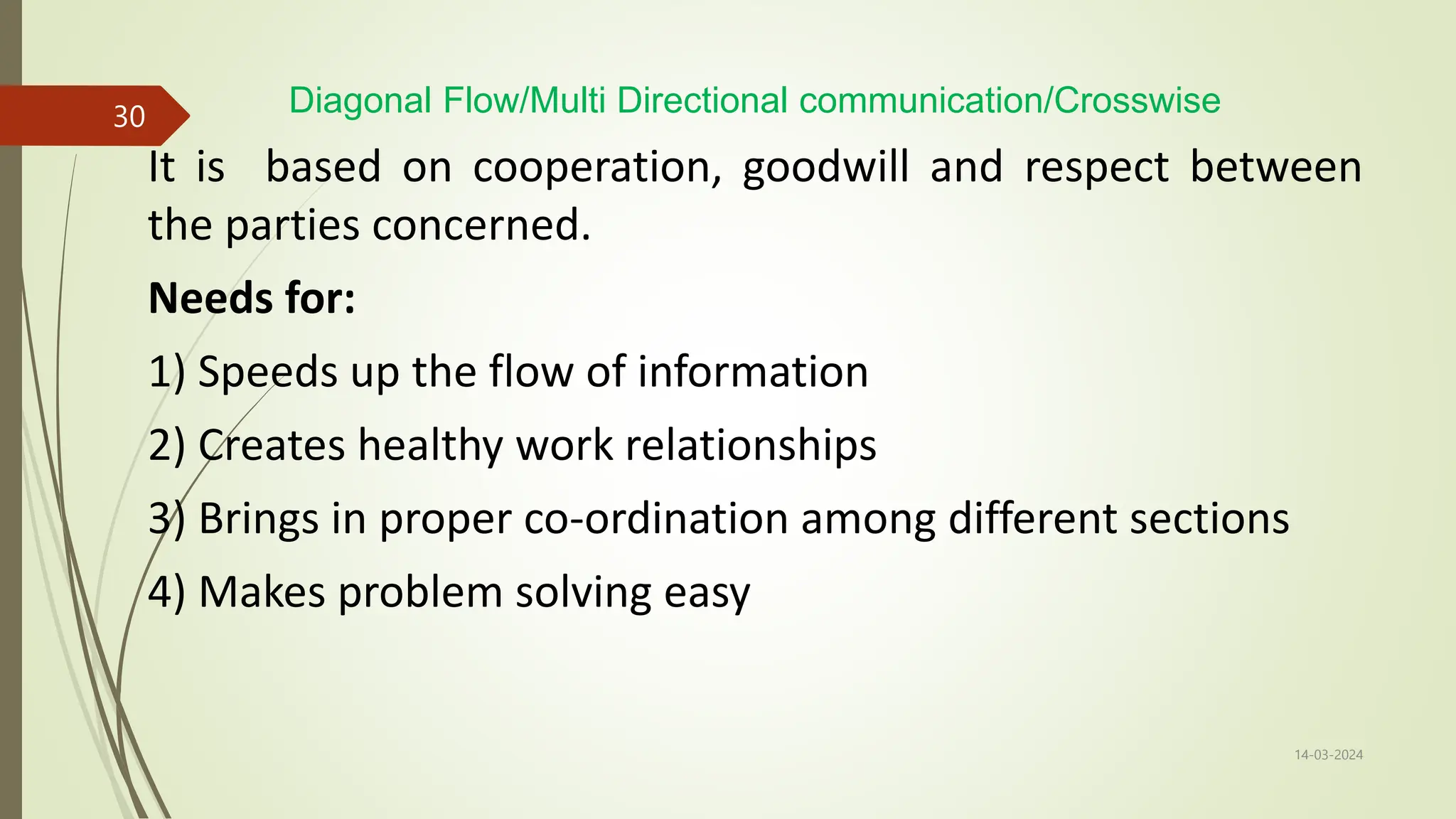Diagonal Flow/Multi Directional communication/Crosswise
It is based on cooperation, goodwill and respect between
the parties concerned.
Needs for:
1) Speeds up the flow of information
2) Creates healthy work relationships
3) Brings in proper co-ordination among different sections
4) Makes problem solving easy
14-03-2024
30
 