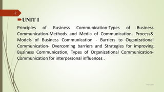UNIT I
Principles of Business Communication-Types of Business
Communication-Methods and Media of Communication- Process&
Models of Business Communication - Barriers to Organizational
Communication- Overcoming barriers and Strategies for improving
Business Communication, Types of Organizational Communication-
Communication for interpersonal influences .
14-03-2024
2
 