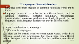 2.Language or Semantic barriers:
Language is the main medium of communication and words are its
tools.
Language proves to be a barrier at different levels, such as
semantic (meaning), syntactic (grammar), phonological
(pronunciation, intonation, pitch etc.) and finally linguistic (across
languages) Thus, language barriers can arise in different ways:
a. Jargon or unfamiliar terminology -
b. Difference in language –
c.Barriers can be created when we come across words, which have
the same sound when pronounced, but which mean very different
things. Examples: words like fair and fare; bear and bare; council and
counsel. 14-03-2024
42
 