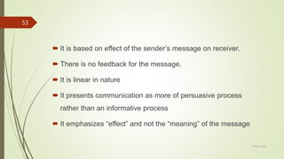 14-03-2024
53
 It is based on effect of the sender’s message on receiver.
 There is no feedback for the message.
 It is linear in nature
 It presents communication as more of persuasive process
rather than an informative process
 It emphasizes “effect” and not the “meaning” of the message
 