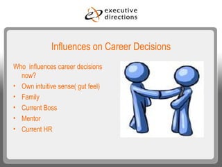 Influences on Career Decisions Who  influences career decisions now? Own intuitive sense( gut feel) Family Current Boss Mentor Current HR 