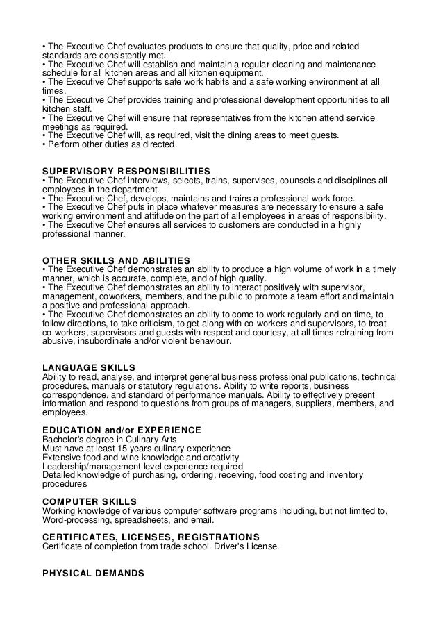 Head Chef Job Description Sample