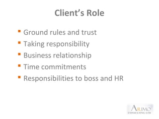 Client’s Role
 Ground rules and trust
 Taking responsibility
 Business relationship
 Time commitments
 Responsibilities to boss and HR
 