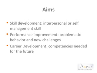 Aims
 Skill development: interpersonal or self
management skill
 Performance improvement: problematic
behavior and new challenges
 Career Development: competencies needed
for the future
 