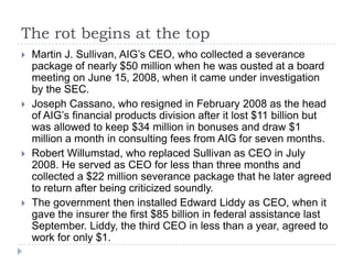 The rot begins at the topMartin J. Sullivan, AIG’s CEO, who collected a severance package of nearly $50 million when he was ousted at a board meeting on June 15, 2008, when it came under investigation by the SEC.Joseph Cassano, who resigned in February 2008 as the head of AIG’s financial products division after it lost $11 billion but was allowed to keep $34 million in bonuses and draw $1 million a month in consulting fees from AIG for seven months. Robert Willumstad, who replaced Sullivan as CEO in July 2008. He served as CEO for less than three months and collected a $22 million severance package that he later agreed to return after being criticized soundly.The government then installed Edward Liddy as CEO, when it gave the insurer the first $85 billion in federal assistance last September. Liddy, the third CEO in less than a year, agreed to work for only $1. 
