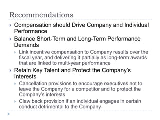 RecommendationsCompensation should Drive Company and Individual PerformanceBalance Short-Term and Long-Term Performance DemandsLink incentive compensation to Company results over the fiscal year, and delivering it partially as long-term awards that are linked to multi-year performanceRetain Key Talent and Protect the Company’s InterestsCancellation provisions to encourage executives not to leave the Company for a competitor and to protect the Company’s interestsClaw back provision if an individual engages in certain conduct detrimental to the Company