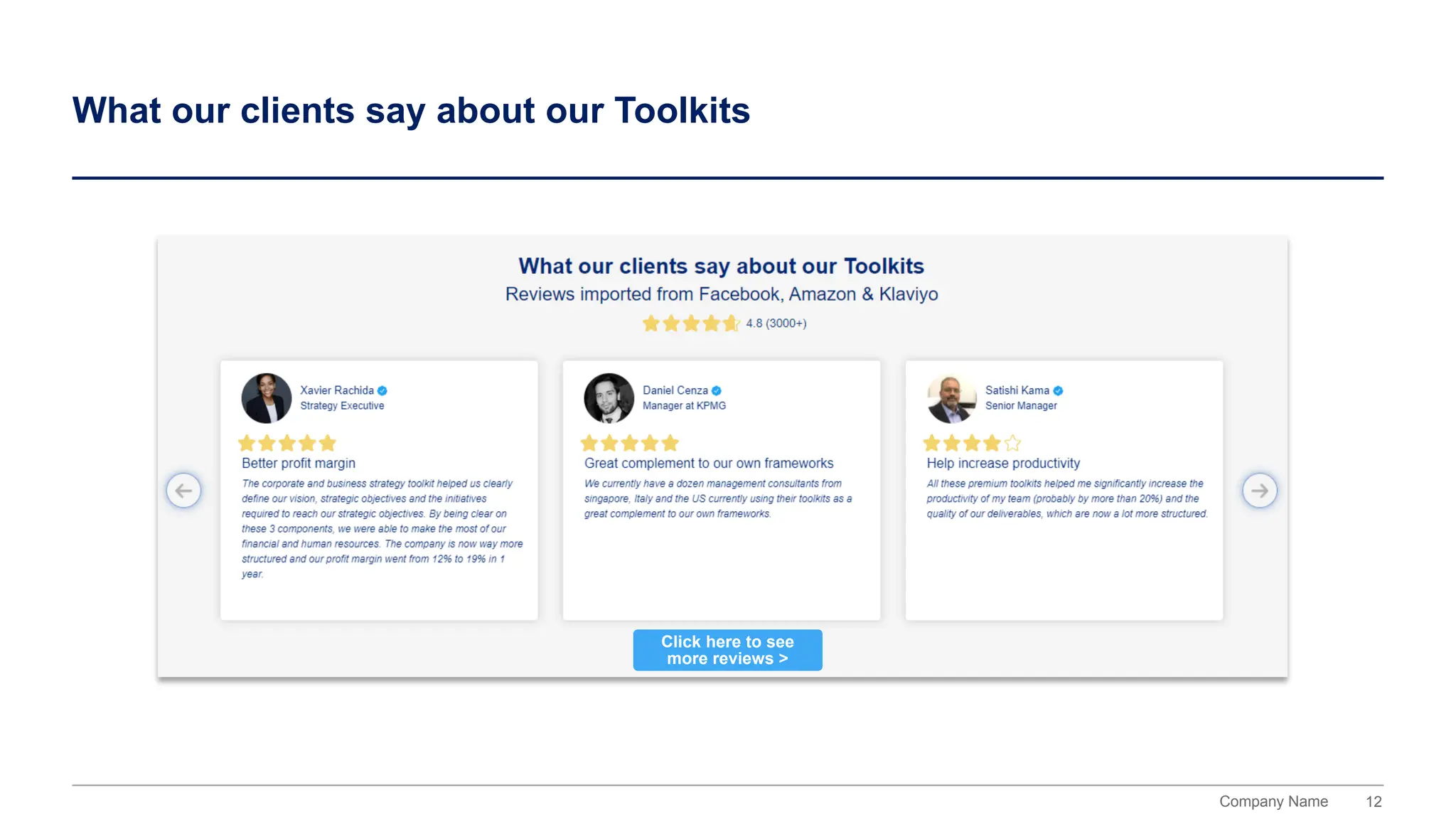 12
Company Name
What our clients say about our Toolkits
Click here to see
more reviews >
 