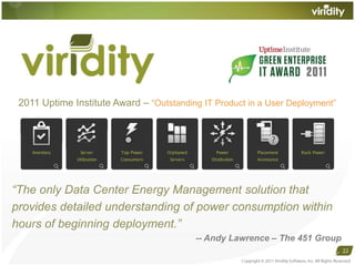 2011 Uptime Institute Award – “Outstanding IT Product in a User Deployment”“The only Data Center Energy Management solution thatprovides detailed understanding of power consumption withinhours of beginning deployment.”-- Andy Lawrence – The 451 Group22Copyright © 2011 Viridity Software, Inc. All Rights Reserved 
