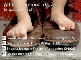 Attain emotional distance
Empathize First
Brené Brown: The Power of Empathy (2:53)
David Wallace: This is Water (9:22)
She...