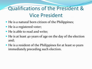 Qualifications of the President & Vice PresidentHe is a natural born citizen of the Philippines;He is a registered voter;He is able to read and write;He is at least 40 years of age on the day of the election and;He is a resident of the Philippines for at least 10 years immediately preceding such election.