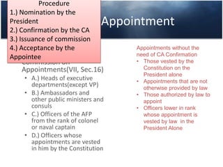 Power of Appointment
• Appointments Requiring
the consent of the
Commission on
Appointments(VII, Sec.16)
• A.) Heads of executive
departments(except VP)
• B.) Ambassadors and
other public ministers and
consuls
• C.) Officers of the AFP
from the rank of colonel
or naval captain
• D.) Officers whose
appointments are vested
in him by the Constitution
Appointments without the
need of CA Confirmation
• Those vested by the
Constitution on the
President alone
• Appointments that are not
otherwise provided by law
• Those authorized by law to
appoint
• Officers lower in rank
whose appointment is
vested by law in the
President Alone
Procedure
1.) Nomination by the
President
2.) Confirmation by the CA
3.) Issuance of commission
4.) Acceptance by the
Appointee
 