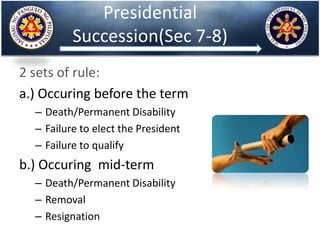 Presidential
Succession(Sec 7-8)
2 sets of rule:
a.) Occuring before the term
– Death/Permanent Disability
– Failure to elect the President
– Failure to qualify
b.) Occuring mid-term
– Death/Permanent Disability
– Removal
– Resignation
 
