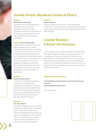 Leading Others: Balancing Figures & People
    Module 6:                                          Module 10:
    State-of-the-Art Leadership                        Project Excellence
    Leadership trends are impacting today’s            Projects are ‘vehicles for innovation’. Project Management
    leadership map: ground truth of                    Excellence is a combination of Lean Six Sigma and easy-to-apply
    globalization, the rise of complex                 methodologies, tools and techniques, and global standards of the
    challenges and the world of interruption. In       PM BOOK Guide.
    this workshop, participants will learn how
    these trends impact leaders’ scope of
    responsibility.
                                                       Leading Yourself:
    Module 7: Dynamic People Skills
    If global leaders want to lead in ways that        A Recipe for Strength
    impact business results, they need to
    connect with people and their motivations.
    In this way, they can create an environment        ‘To be a leader you have to lead yourself first’. Participants assess
    where people consistently perform to the           their career strategies in modules 11-15, weighing up their core
    best of their abilities. Excellent leaders build   competencies, values, skills to define their professional vision,
    trust within their teams, communicate their        goals, and action and development plans in an action-learning
    visions and expectations, and provide              environment (e.g. breakout sessions, peer coaching, reflecting
    feedback on progress. This workshop is             teams, etc.). Each participant undergoes a 90-minute one-on-one
    about excellent people skills, which allow         coaching session to successfully fine-tune his/her personal action
    future leaders to tap into their employees’        and development plan.
    full potential, and balance people and
    figures wisely.


    Module 8:                                          Additional Workshops & Programs
    Crucial Communications
    In order to become effective leaders who           Coaching Skills for Leaders based on the Columbia Coaching
    can inspire and motivate a team,                   approach
    participants need to develop and exhibit           Leading High Performance Teams
    excellent communications skills; this is the
    glue that holds everything else together. In       Prices upon request.
    this workshop, participants will learn about
    effective (intercultural) communication
    principles, techniques and tools.


    Module 9:
    HR – War of Talents
    This workshop helps participants understand
    the latest issues affecting their organization’s
    ability to attract, retain, develop and
    motivate talented people. They will discover
    best practice strategies and techniques that
    can have a positive impact on people
    retention, and the roles played by key
    people in supporting these strategies.


6
 