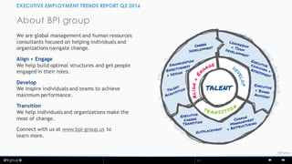 © BPI11
©BPIgroup
About BPI group
EXECUTIVE EMPLOYMENT TRENDS REPORT Q3 2016
We are global management and human resources
consultants focused on helping individuals and
organizations navigate change.
Align + Engage
We help build optimal structures and get people
engaged in their roles.
Develop
We inspire individuals and teams to achieve
maximum performance.
Transition
We help individuals and organizations make the
most of change.
Connect with us at www.bpi-group.us to
learn more.
 