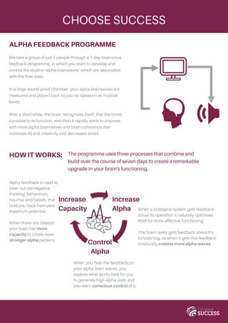 CHOOSE SUCCESS
ALPHA FEEDBACK PROGRAMME
We take a group of just 5 people through a 7-day brainwave
feedback programme, in which you learn to develop and
control the elusive ‘alpha brainwaves’ which are associated
with the flow state.
In a large sound-proof chamber, your alpha brainwaves are
measured and played back to you via speakers as musical
tones.
After a short while, the brain 'recognizes itself', that the tones
correlate to its function, and then it rapidly starts to improve
with more alpha brainwaves and brain coherence that
increases IQ and creativity and decreases stress.
The programme uses three processes that combine and
build over the course of seven days to create a remarkable
upgrade in your brain's functioning.
Increase
Alpha
Control
Alpha
Increase
Capacity When a biological system gets feedback
about its operation it naturally optimises
itself for more effective functioning.
The brain rarely gets feedback about it’s
functioning, so when it gets this feedback
it naturally creates more alpha waves.
When you hear the feedback on
your alpha brain waves, you
explore what works best for you
to generate high alpha state and
you learn conscious control of it.
Alpha feedback is used to
clear out old negative
thinking, behaviours,
traumas and beliefs, that
hold you back from your
maximum potential.
When these are cleared
your brain has more
capacity to create even
stronger alpha patterns.
HOW IT WORKS:
 